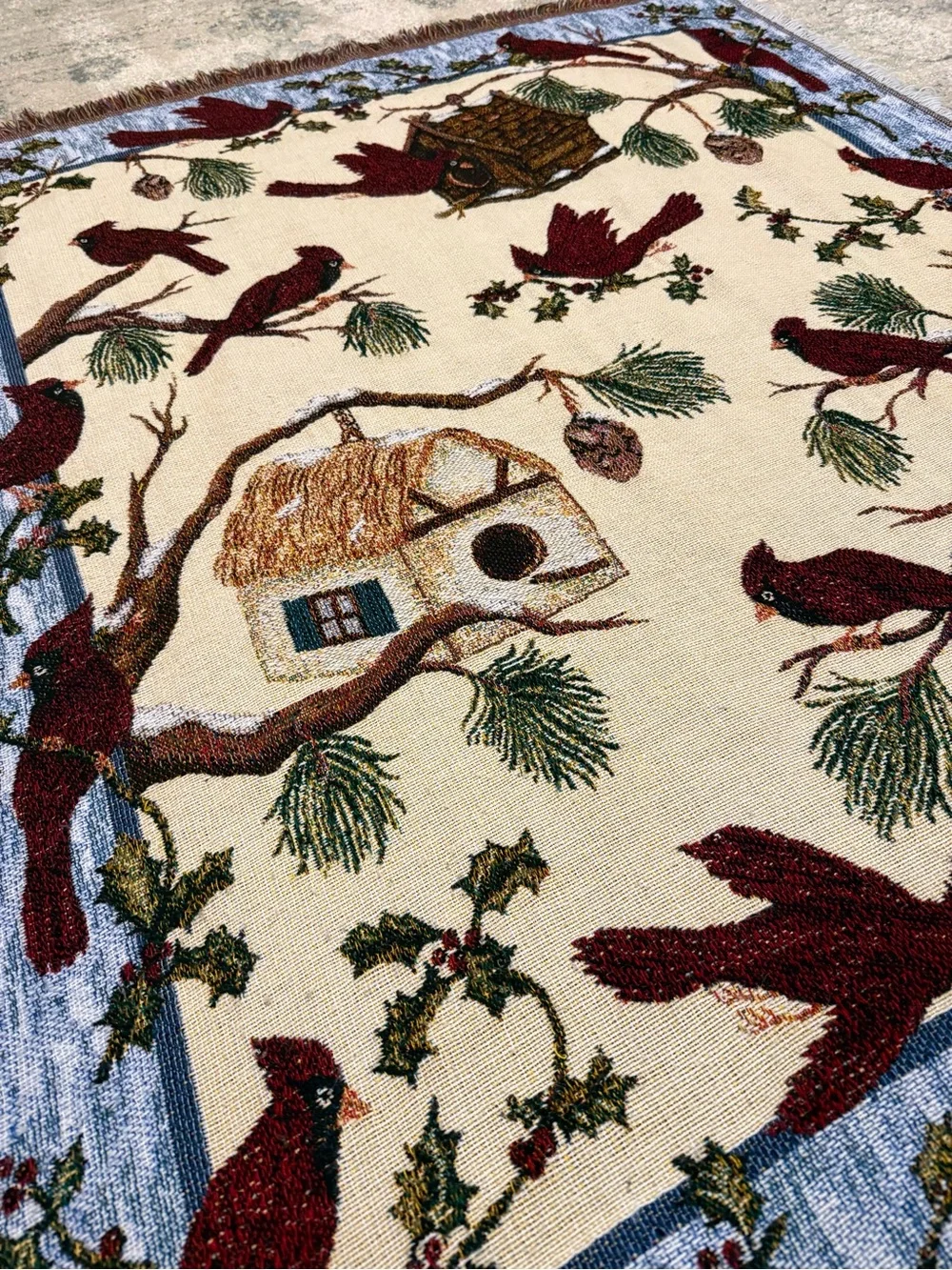 Crown Crafts Cardinal Bird House Tapestry Throw Blanket 100%Cotton